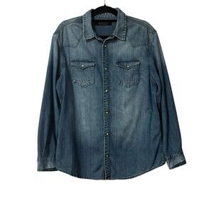 AllSaints Shirt Mens Large Western Pearl Snap Blue Denim Distressed Long Sleeve